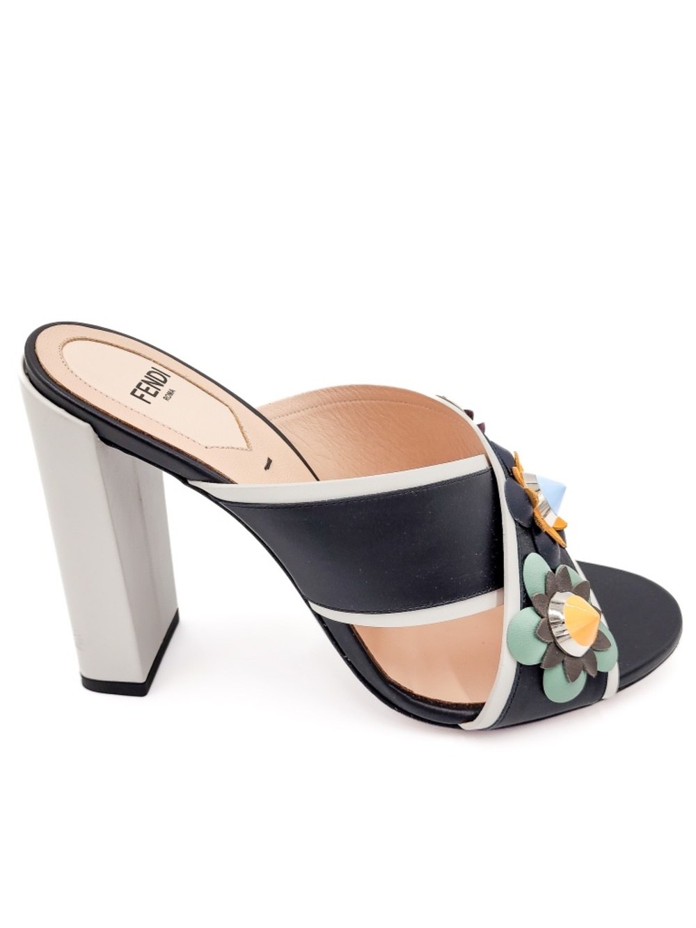 FENDI Flowerland Black White Nappa Leather Slip-On Heels Mules EU 38